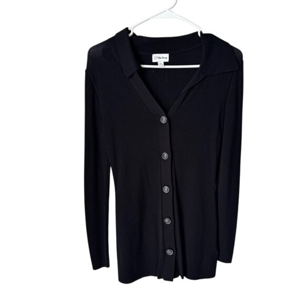 The Drop Womens Black Ribbed Knit Button Front Cardigan V-Neck Collar Top XS